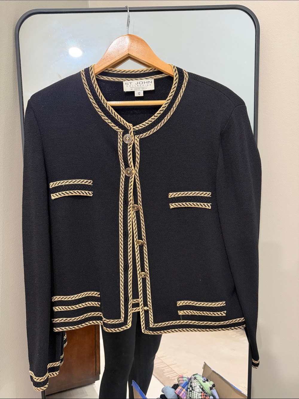 St. John Black Knit Jacket with Gold Rope Trim